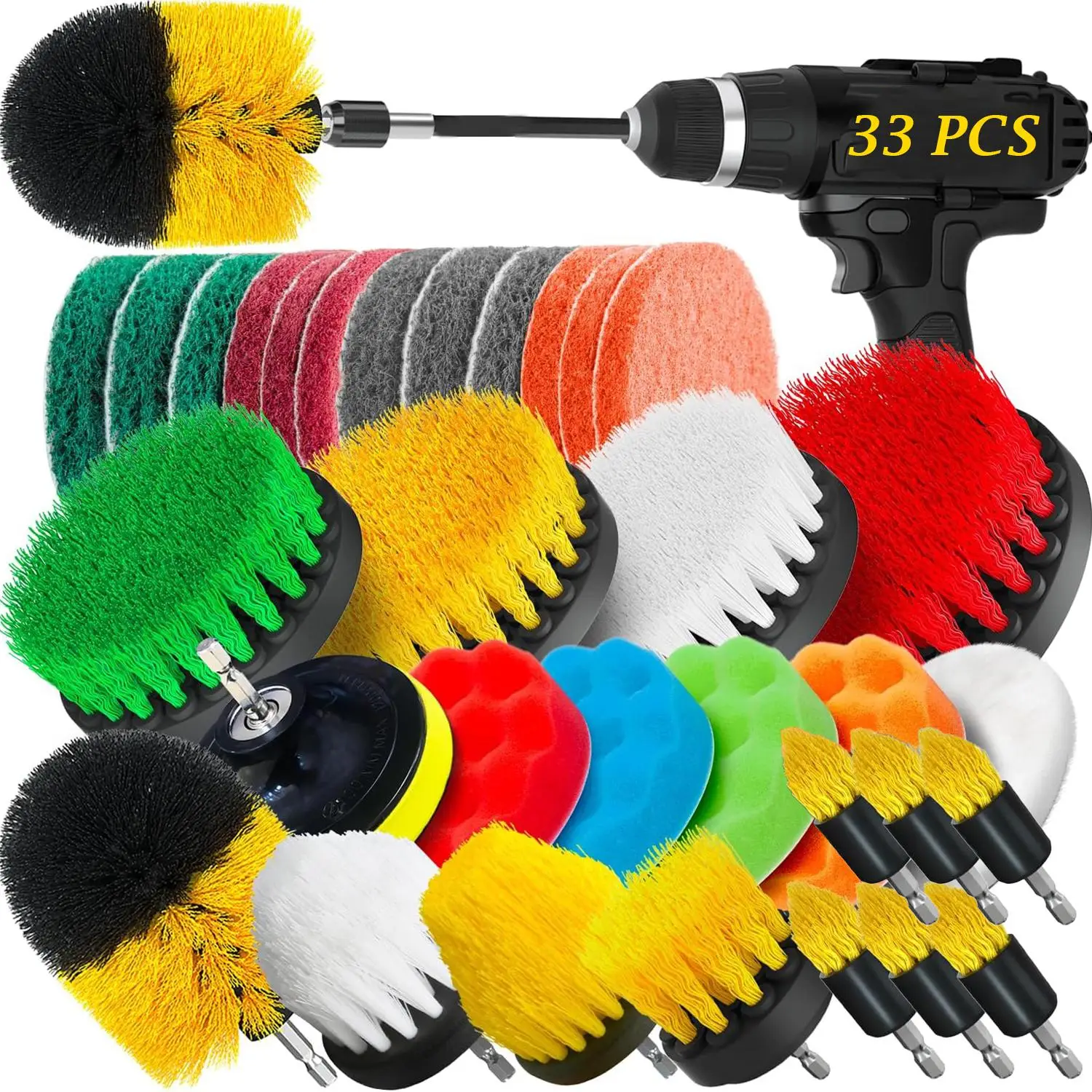 Drill Brush Attachment Set, Power Scrubber Cleaning Brush Tools Kit, Scrubbing Pads Sponges, Polishing Pads, Power Scrubber Brushes with Extension Att