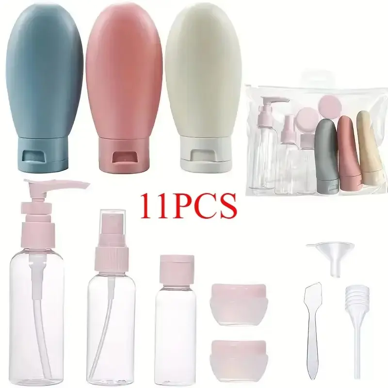 11-Piece Reusable Travel Bottle Set, Includes Spray Lotion, Shampoo, Shower Gel Bottles, Cosmetic Containers, Squeeze Tubes, Refillable Spray Containers, Storage Sets