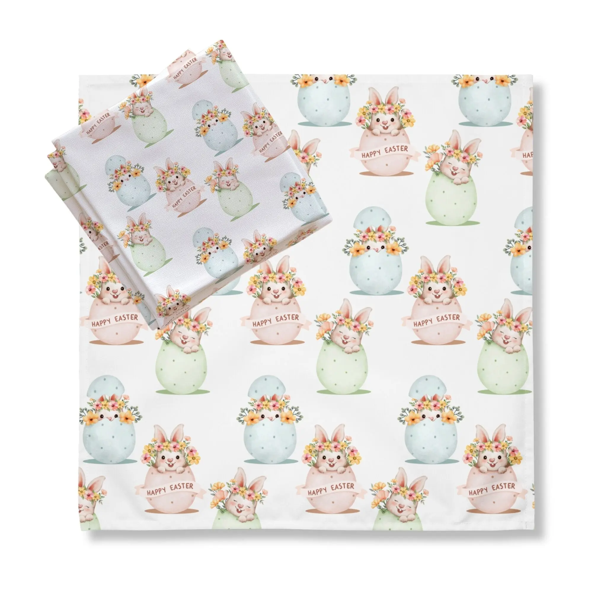 Bunny Hatch Cloth Napkin Set of 4 Soft Lightweight Broadcloth Fabric Adorable Pastel Floral Eggs & Playful Bunnies Perfect for Easter Tableware 20x20 Inches Machine Washable Wrinkle-Resistant Cutlery