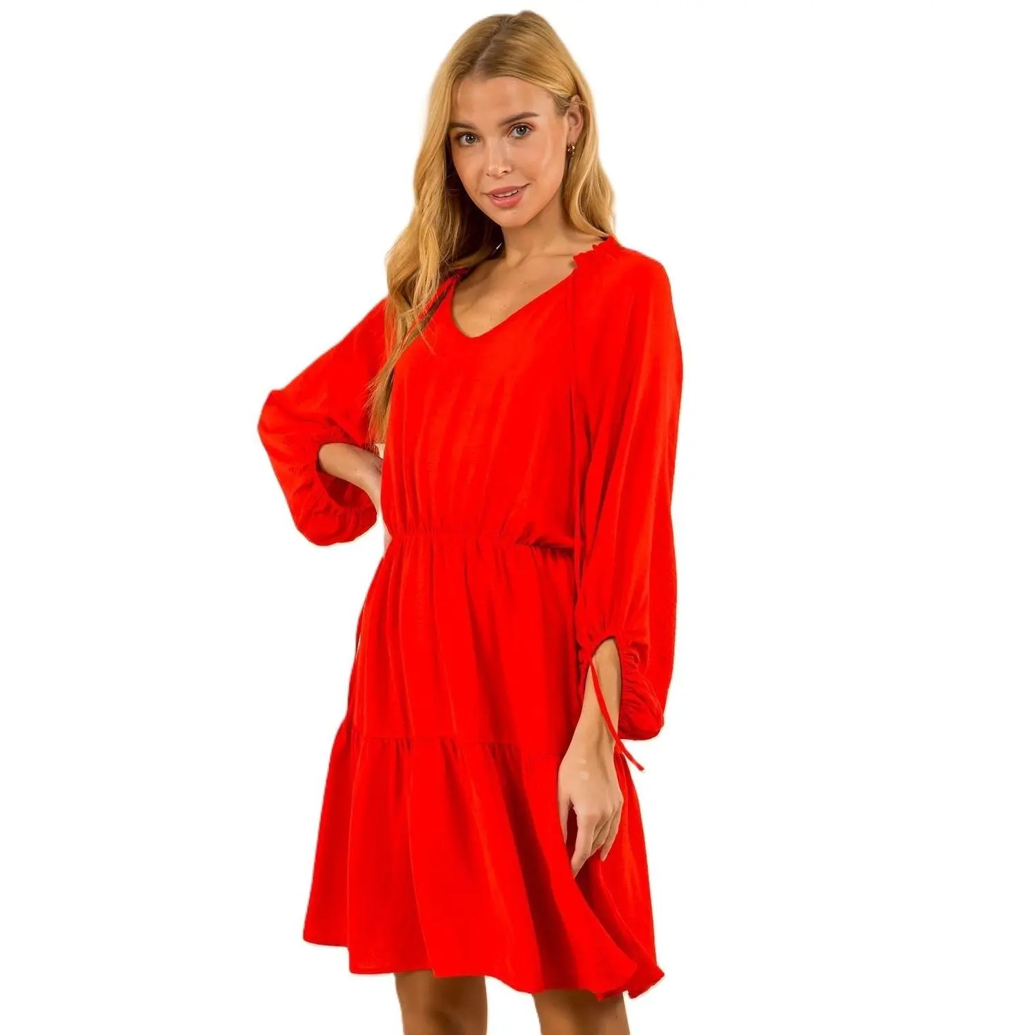 Ruby Ruffle V-neck Bishop Sleeve Tired Flare dress