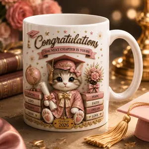 Custom Graduation Cat Mug with Name Year, Personalized Class of 2026 2027 Gift, 3D Look Kitten Coffee Cup, Graduate Keepsake for Her Him