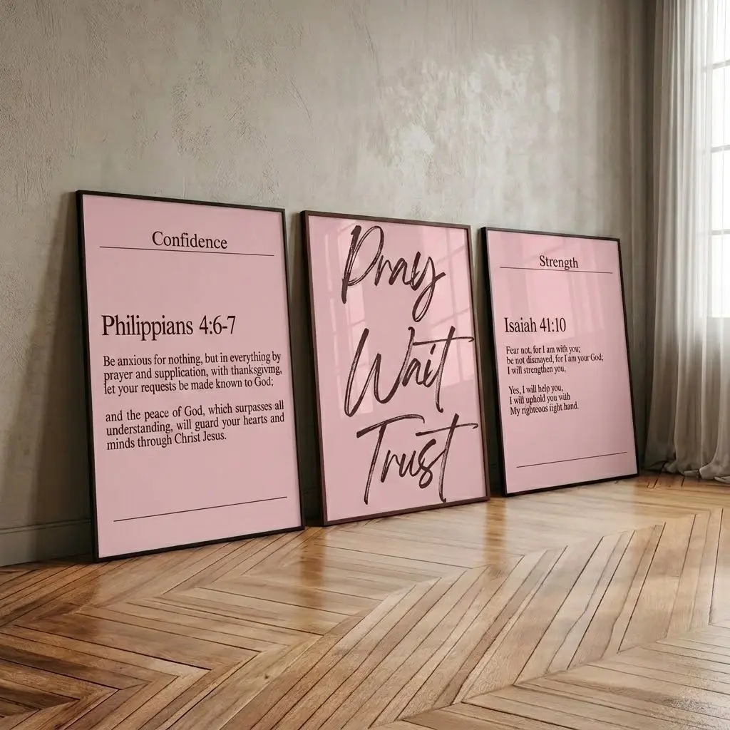 Modern Christian Wall Art Set of 3, Pink Scripture Prints No-frame, Christian Girl Decor, Philippians 4:6 Poster, Isaiah 41 Elegant Faith Art