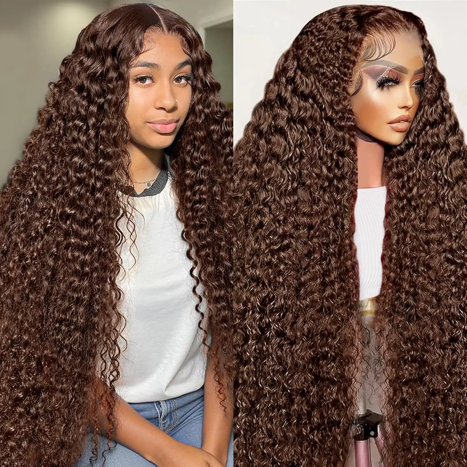 Bling Hair Chocolate Brown Deep Wave Human Hair Wig Transparent 13x6 Lace Frontal Wigs For Women 13x4 Lace Front Water Curly Wigs