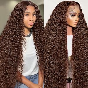 Bling Hair Chocolate Brown Deep Wave Human Hair Wig Transparent 13x6 Lace Frontal Wigs For Women 13x4 Lace Front Water Curly Wigs