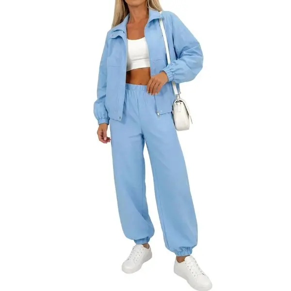 Fisoew Women's 2-Piece Woven Athleisure Activewear Set - Casual Tracksuit with Cropped Snap Collar Windbreaker, Straight Leg Jogger Pants for Walking (Matching Sporty Women's Clothing Set), Casual Tracksuits, Matching Activewear Set