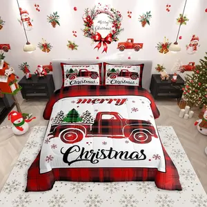 Red Truck Comforter Set,Xmas Tree Snowflake Bedding Set for Kids Boys Girls Bedroom Decor,Christmas Theme Red Plaid Quilt Set, breathable