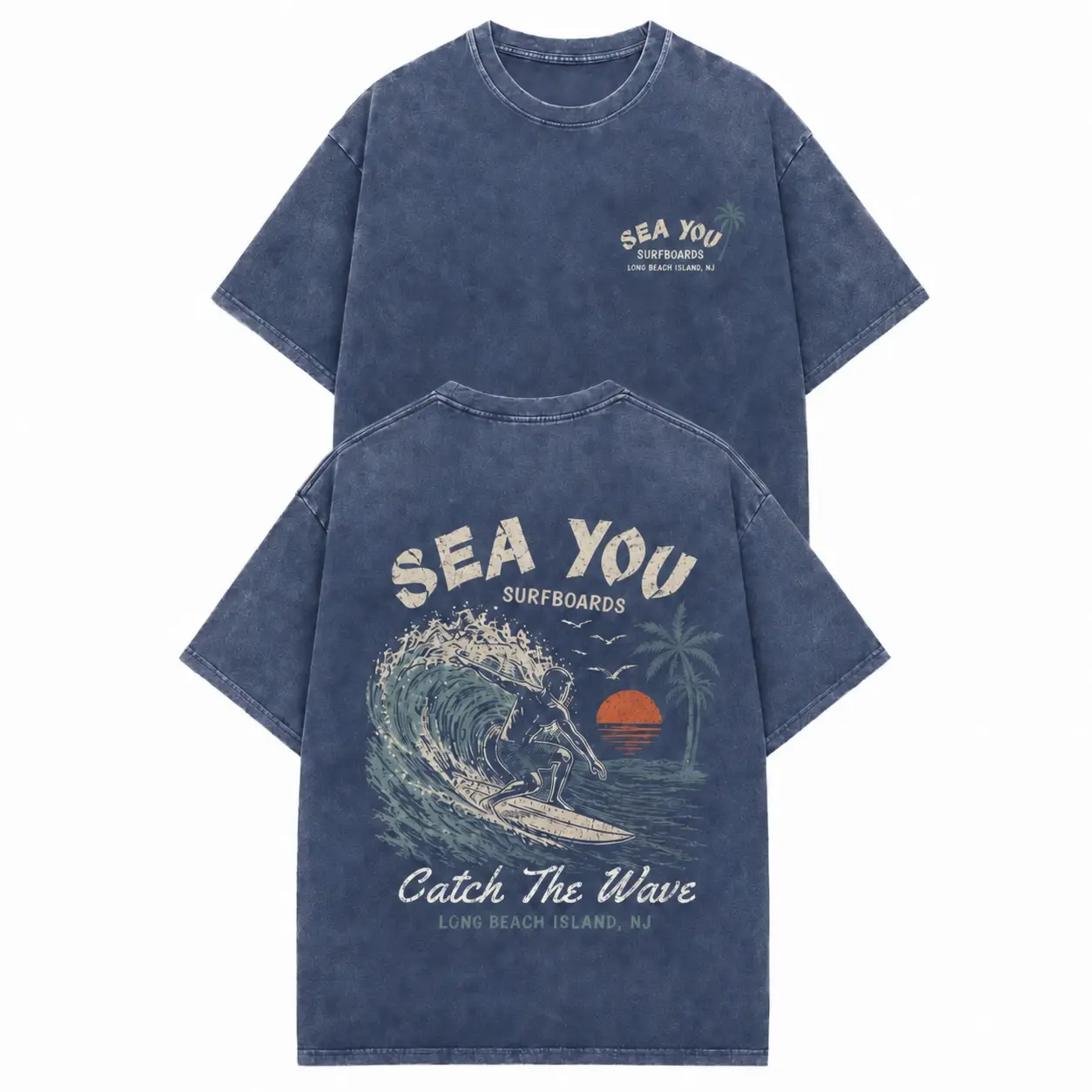 Men's Vintage Graphic T-Shirt - Acid-Wash Heavyweight Cotton Oversized Drop Shoulder Short-Sleeve Menswear Top, Sea You Catch The Wave Long Beach Island NJ Casual Shirts Graphic Tees
