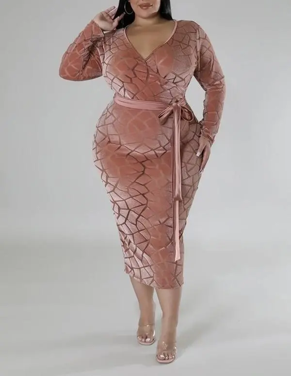 Elsa Plus-Size Dress with Self-Tie Belt and Bodysuit Lining - Casual, Comfort Chic Fit Womenswear bodycon  dress