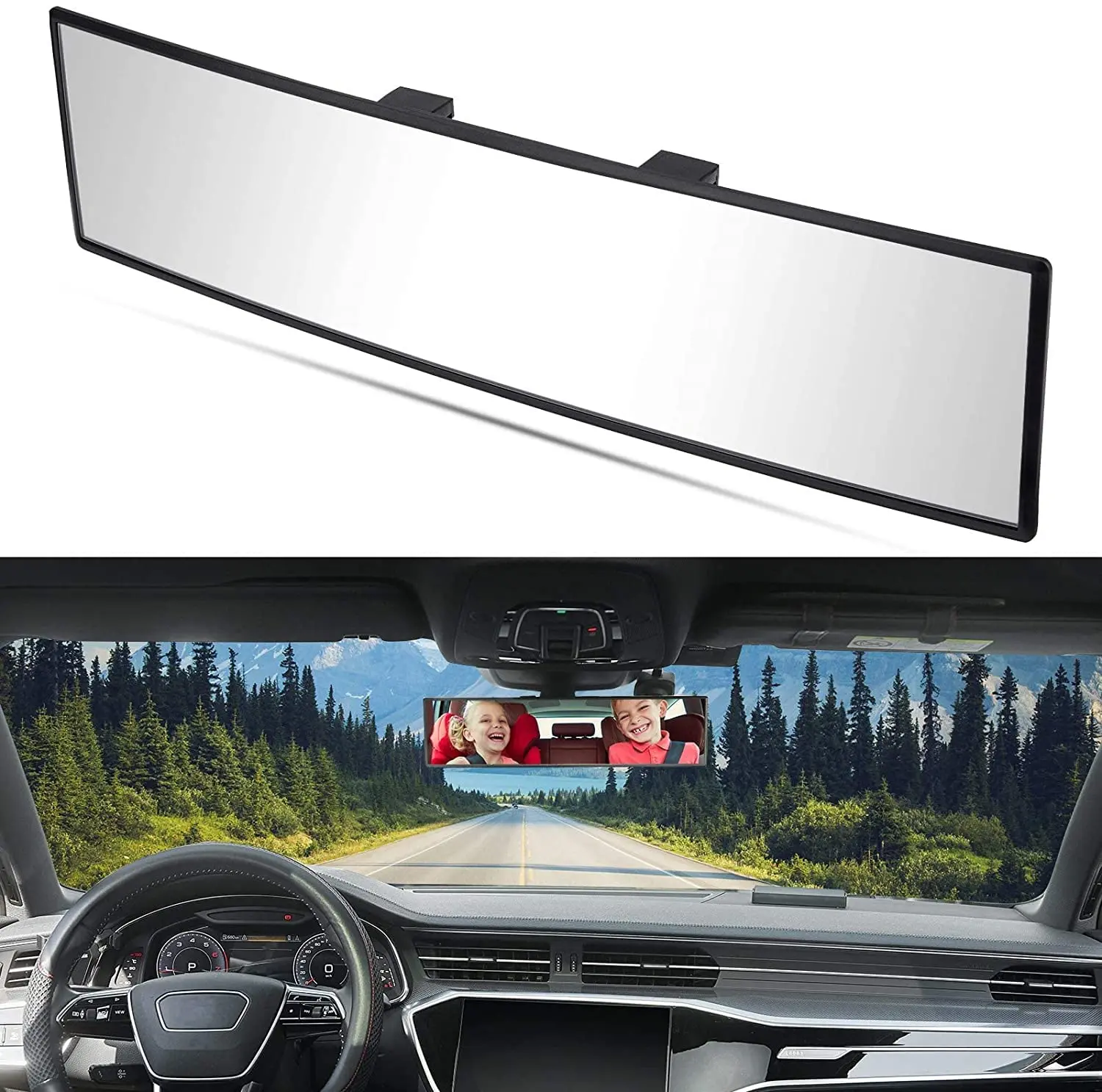 11.81 x 3.1 inch Flat Shape Clip-On Rearview Mirror, Universal Fit Rectangle Convex Panoramic Auto Interior Accessory, Wide View Blindspot Mirror, Easy-Install Driving Safety Tool (Clear)