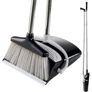 Suitable for home use broom and dustpan set, available in black and white colors, suitable for office use, indoor and outdoor cleaning, space-saving upright broom and dustpan, ideal for cleaning pets