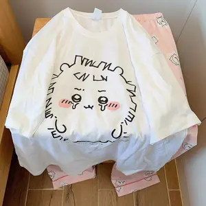 Anime chiikawa boys and girls summer pajamas Usag round neck short sleeved pants pajamas Hachiware Cartoon Loose Home Clothing