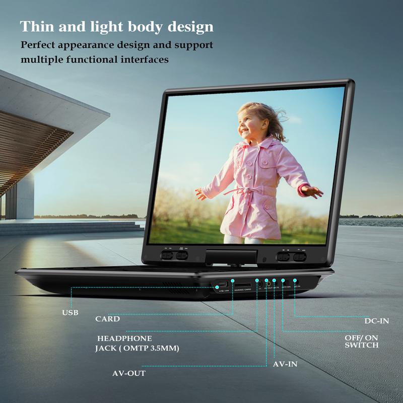 [Mydash] 14.9" Portable DVD Player, MYDASH CD player w/ 12.5" Swivel HD Screen, Audio player w/ Dual-Speaker, 6 Hours Rechargeable Battery, Region Free, Remote Control, Sync TV/CD/USB/SD Multi-Format Support,no blu-ray