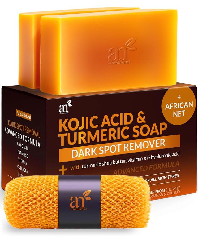 Artnaturals Kojic Acid Soap + African Net Sponge (2 Pack X 142G Turmeric Bars) Dark Spot Remover & Scars - Original Japanese Complex Vitamin C, Hyaluronic Acid, Retinol, Shea Butter (Citrus) Artnaturals