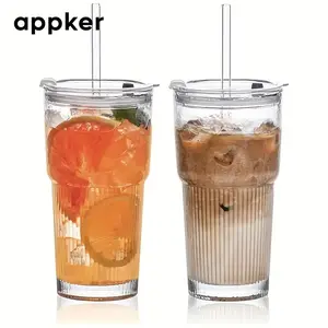 Glass Cup with Straw & Lid, 1/2 Counts Clear Vertical Striped Glass Cup, Cold Drink Juice Coffee Cup, Drinking Cup for Home Office, Water Glass Cup