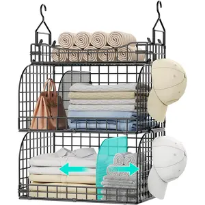 Closet Organizer Storage - 3 Tier Metal Stackable  Closet Shelves with Dividers and S Hooks, Foldable Clothes Shelves for Clothes, Pants, Shoes, Coat, Hats Clutches Accessories