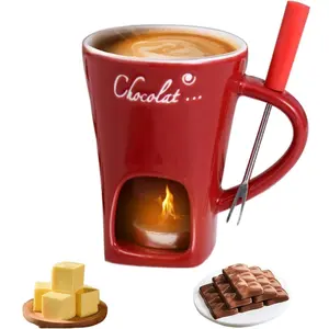 Ceramic Mini Chocolate Melting Fondue Cup Set with Forks and Candle For Date Night Birthday Wedding Gifts (Red)