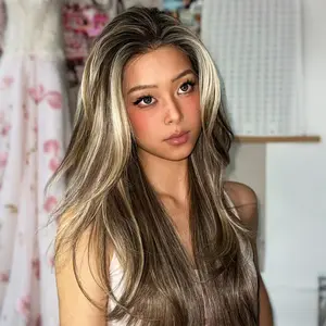 SMILCO Brown And Blonde Highlight Futura 22inch Long Straight 13*6 Free Part Synthetic Lace Front Wig SM9123B Adjustable Cap for Daily Wear