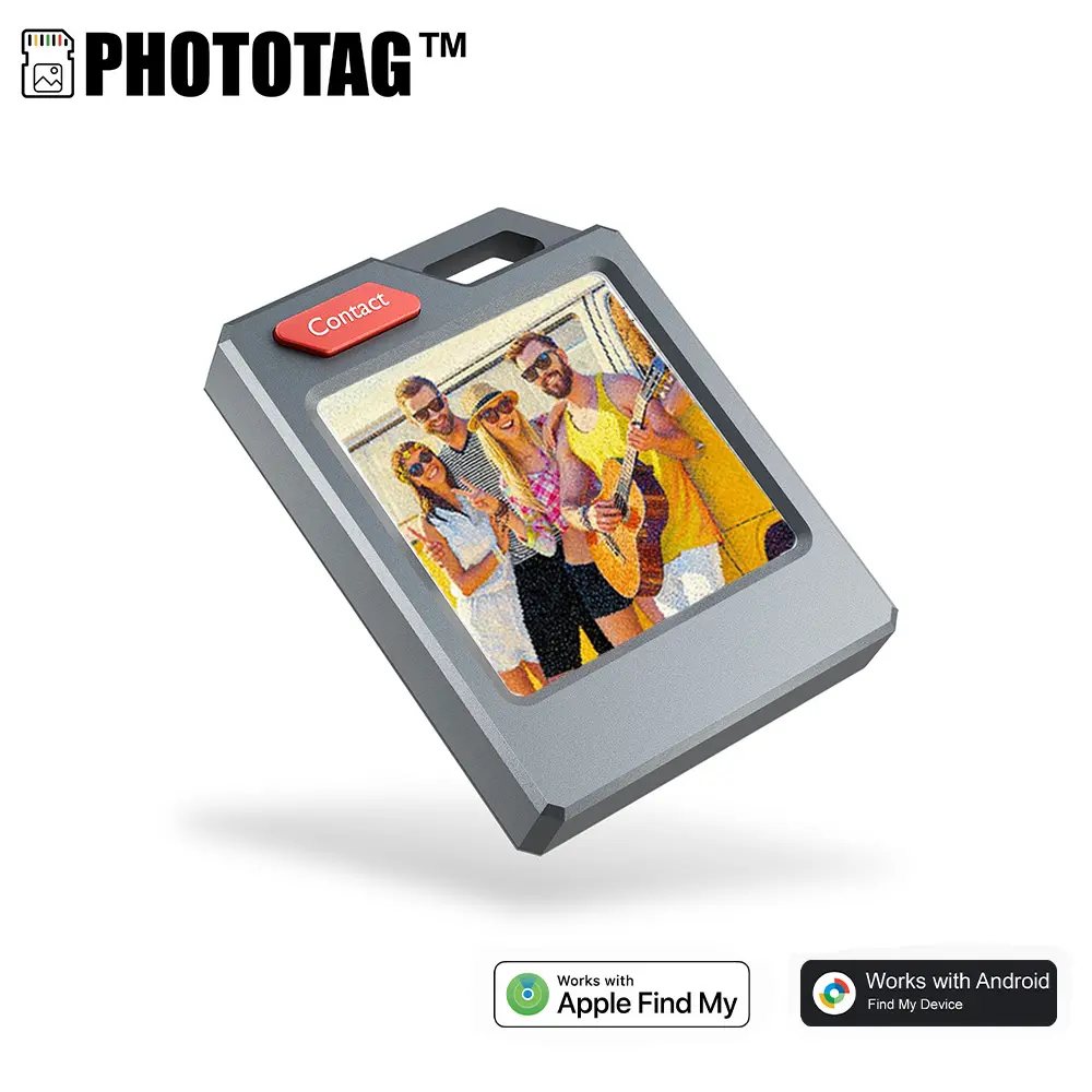 PhotoTag: Customizable e-ink tracker for keys, wallets, luggage | Compatible with Apple Find My | Displays photos and emojis | Up to 10 months battery life, IP65 waterproof | Replaceable battery | Personalized gift