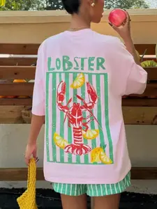 Viral Lobster Print Set, Soft Oversized Tee & Striped Shorts, Retro Vintage Vibes, Summer Vacation Must-Have