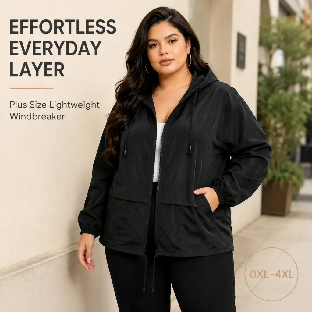 Women's Plus Size Hooded Full-Zip Windbreaker Coat - Long-Sleeve, Lightweight, Comfortable, Pockets - Casual Wear Tops (0XL-4XL) Jacket Womenswear