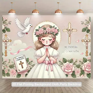 2D Flat, 1pc Polyester 2D Photography Backdrop Banner - Elegant Young Girl with Cross & Roses Design, Perfect for Birthdays, Anniversaries, and Religious Events, Indoor/Outdoor Party Decor, Studio Props, and Photo Shoots, Photo Shoot Background | Serene