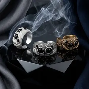 The Weavers Gaze/ Spider Ring - Unique Design with Eye-like Details in Silver White Gold & Bronze - Arachno-chic Wide-profile Band with Onyx-style Cabochons