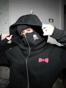 Women's Double-Layer Hooded Zipper Pocket Sweatshirt, Skull Bow Print, Fall & Winter Loose Fit Top, Comfortable Daily Wear, Casual Print Hoodie