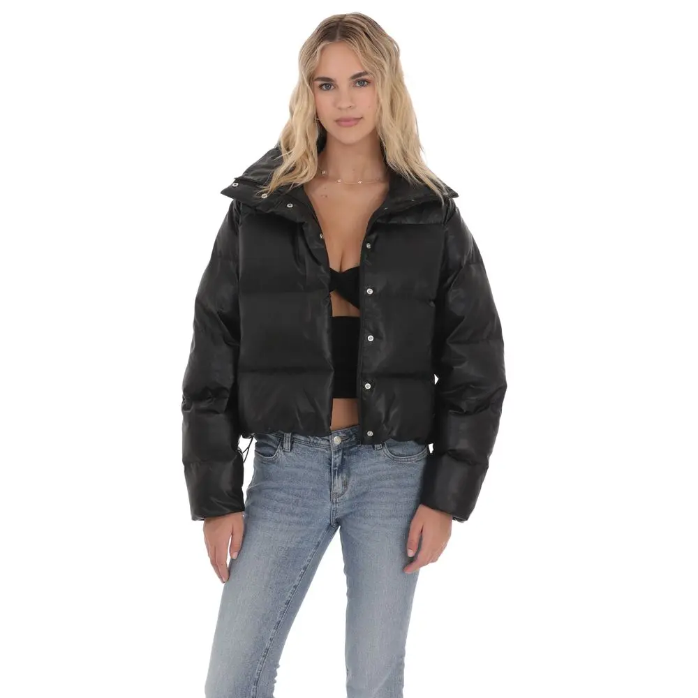 Faux Leather Puffer Jacket in Black