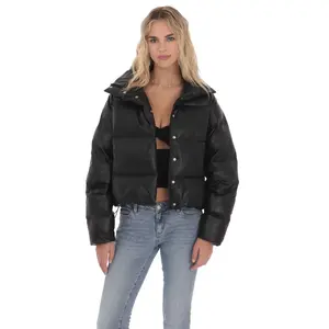 Faux Leather Puffer Jacket in Black