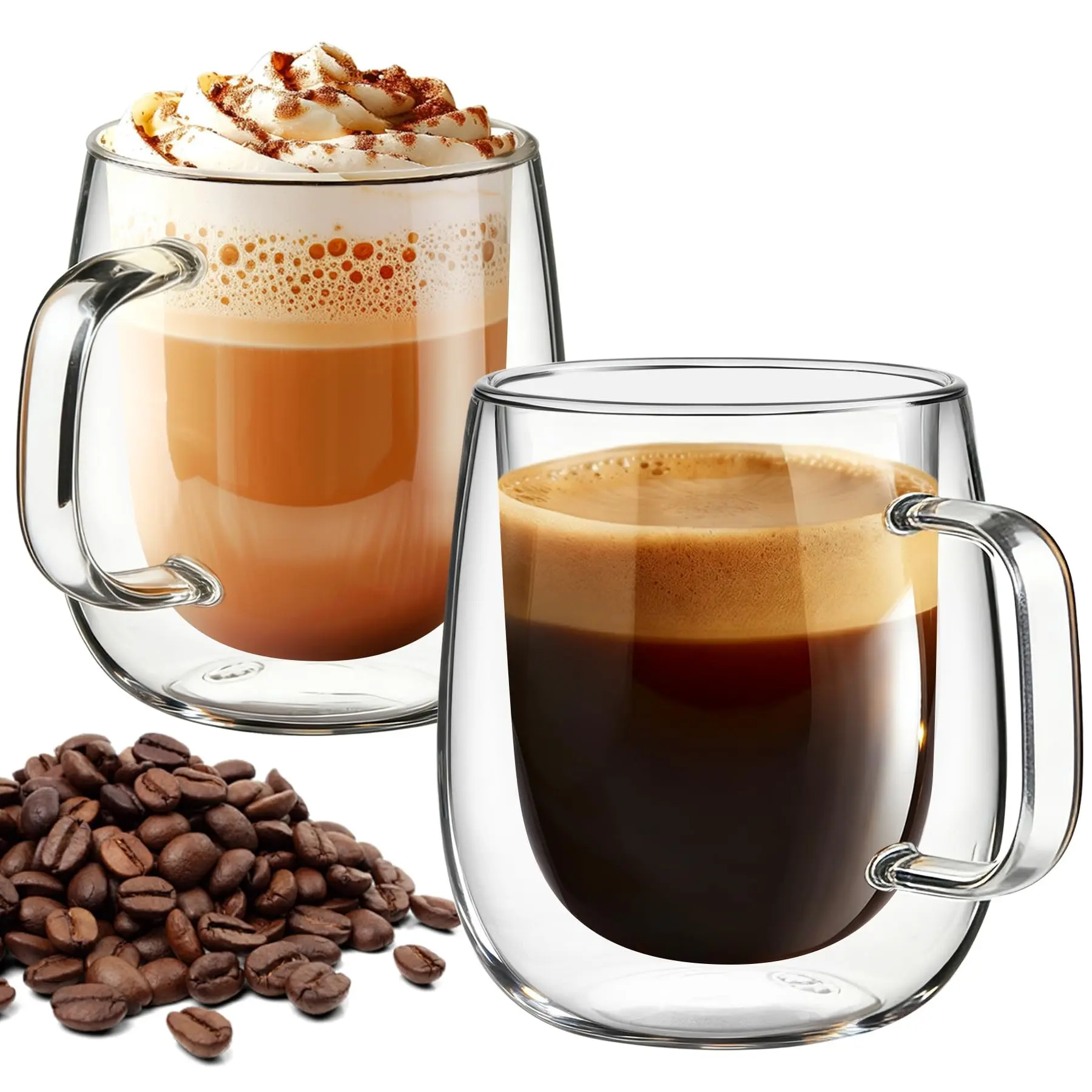 12oz Glass Clear Coffee Mug Set of 2, Dual-Layer Insulated Handle Cup, Double Wall Cup, Beverage Cup, Transparent Glass, Durable Glass Cup, Stylish Drinkware for Espresso Cappuccino Latte Americano Tea Drinks Coffee Cups Glass Coffee Mugs Gift
