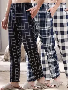 Men's 3-Pack Casual Home Wear Sleep Pants, Plaid Print, Comfortable Long Lounge Bottoms, All-Season Fashion