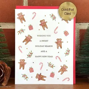 Gingerbread Dogs Christmas Card, Handmade gold foiled holiday cards