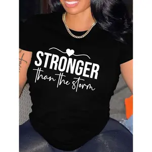 Women's Inspirational Quotes Casual T-shirt, "More Powerful than Storm" Print, Casual round Neck Women's Short Sleeve Pullover T-shirt, Type Comfortable Edition
