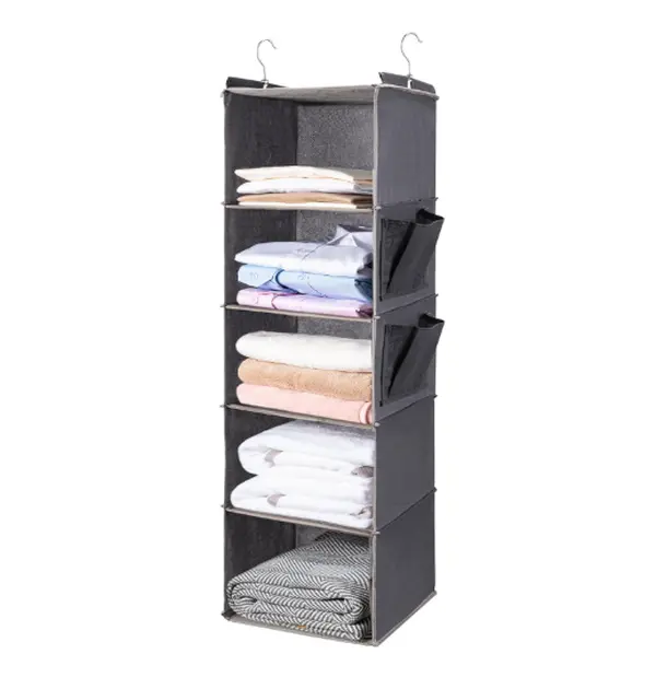 Grey Hangable Hanging Closet Organizer - 5-Tier Steel Racks, 2 Side Pockets, Foldable Home Storage Holder for Closet Organization
