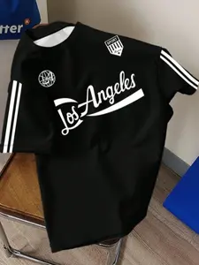 Unisex Los Angeles Letter 3D Print Short Sleeve T-Shirt, Vintage American Sporty Casual Top, Slim-Fitting, No Button or Zipper