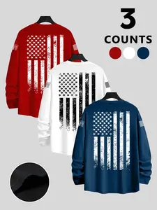 Men's Casual Fashion T-Shirt Set, Trendy Street Style Flag Pattern, Long Sleeve Basic Top, Perfect Gift for Daily Wear