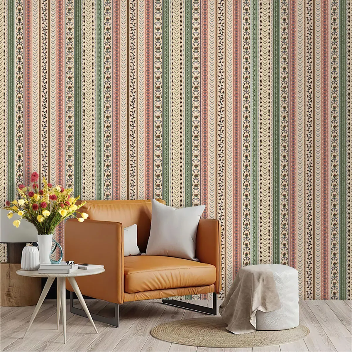 Vintage Ethnic Vertical Stripes Wallpaper, PVC Material, Peel and Stick, Ideal for Kitchen, Living Room, Bedroom, Wall Decor, Large Area Coverage
