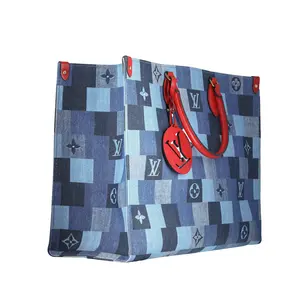 Pre-owned Louis Vuitton Denim Tote Bags Patchwork Monogram Damier OnTheGo Tote GM Blue