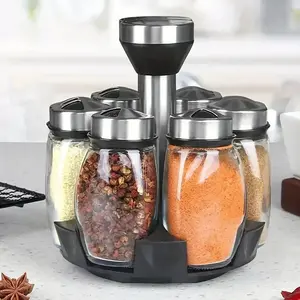 Spice Jar Set, 1 Set Including 7 Counts Glass Spice Jar with Rotating Organizer, Seasoning Utensils for Kitchen Storage & Organization, Canister, Kitchen Gadgets, Kitchenware, Spice Containers