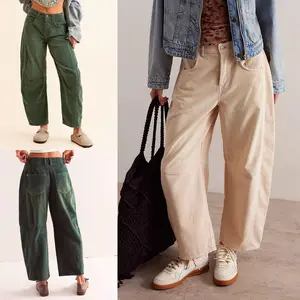 2026 Women's Vintage Corduroy Barrel Pants, Mid Rise Wide Leg Baggy Trousers with Side Pockets, Warm Casual Loose Fit Fall Winter Holiday Outfit for Daily Party Wear