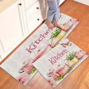 1/2/3PCS Pink Kitchen Rug ,Pink Teapot Butterfly Pattern Home Decor,Pineapple Texture Design Washable Non-Slip Floor Mat,Foldable Durable Farmhouse Kitchen Runner Rugs 16"x24"+20"×32"+20"×47"