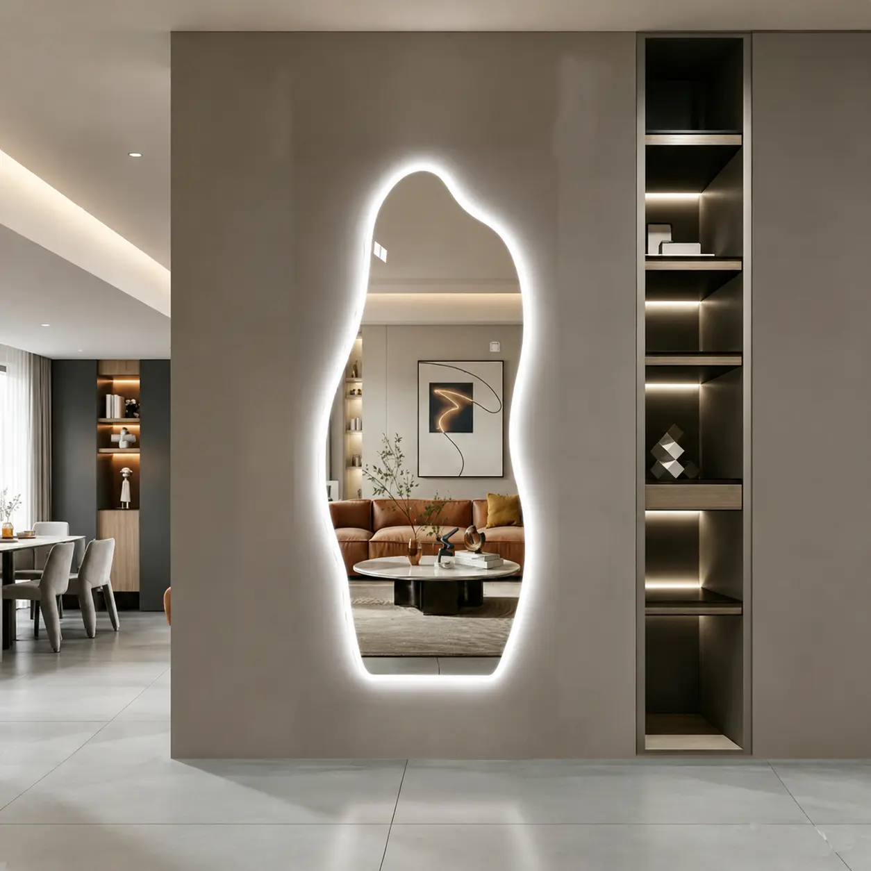 65" x 25" LED Full Length Mirror, Organic Wave Asymmetrical Wall Mounted Full Body Mirror with Soft Halo Lighting, 3 Color Dimming, Touch Control and Tempered Glass for Bedroom, Closet and Dressing Room
