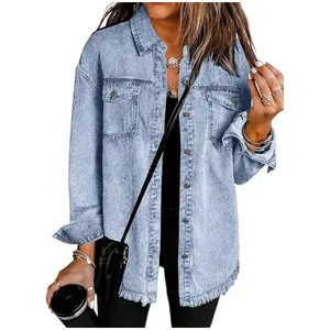 Women’s Oversized Button Up Frayed Hem Shacket Long Sleeve Pockets Denim Jean Jacket