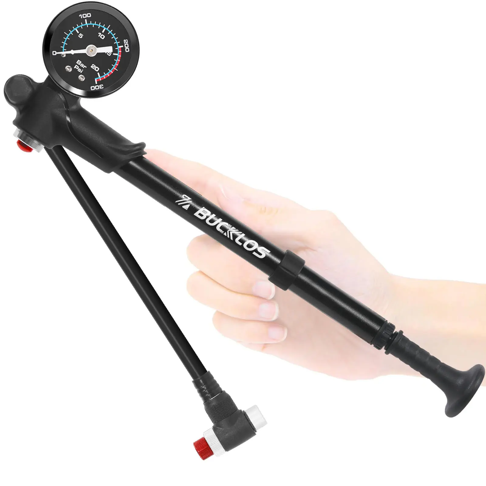 BUCKLOS Professional Bike Pump with Gauge - 300 PSI, Compact, Lightweight and Portable, 360° Swivel Hose, Easy-to-Read Gauge for Mountain Bike Front Fork & Rear Shock Adjustments, Motorcycle Air Fork, Outdoor Rides