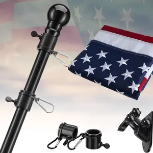 Flag Pole Kit with 3x5 Embroidered American Flag -Tangle Free FlagPole for Qutside House with Windproof Holder Bracket,Heavy Duty Metal Flagpoles for Qutdoor Porch Truck Boat Jeep - Black Aluminum Alloy Sectional Flagpole Kit