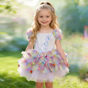 Girls' Ballet Tutu Dress, Puff Sleeve Colorful Pom-Pom Tulle Dress, Perfect for Dance Performances & Photo Shoots