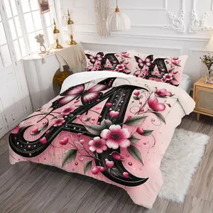 3Pcs Floral Butterfly Monogram Letter A Comforter Set, Soft Microfiber Bedding Set with Pillowcases, Cute Pink Aesthetic Room Decor for Teen Girls Bedroom Dorm Home Decor Gift