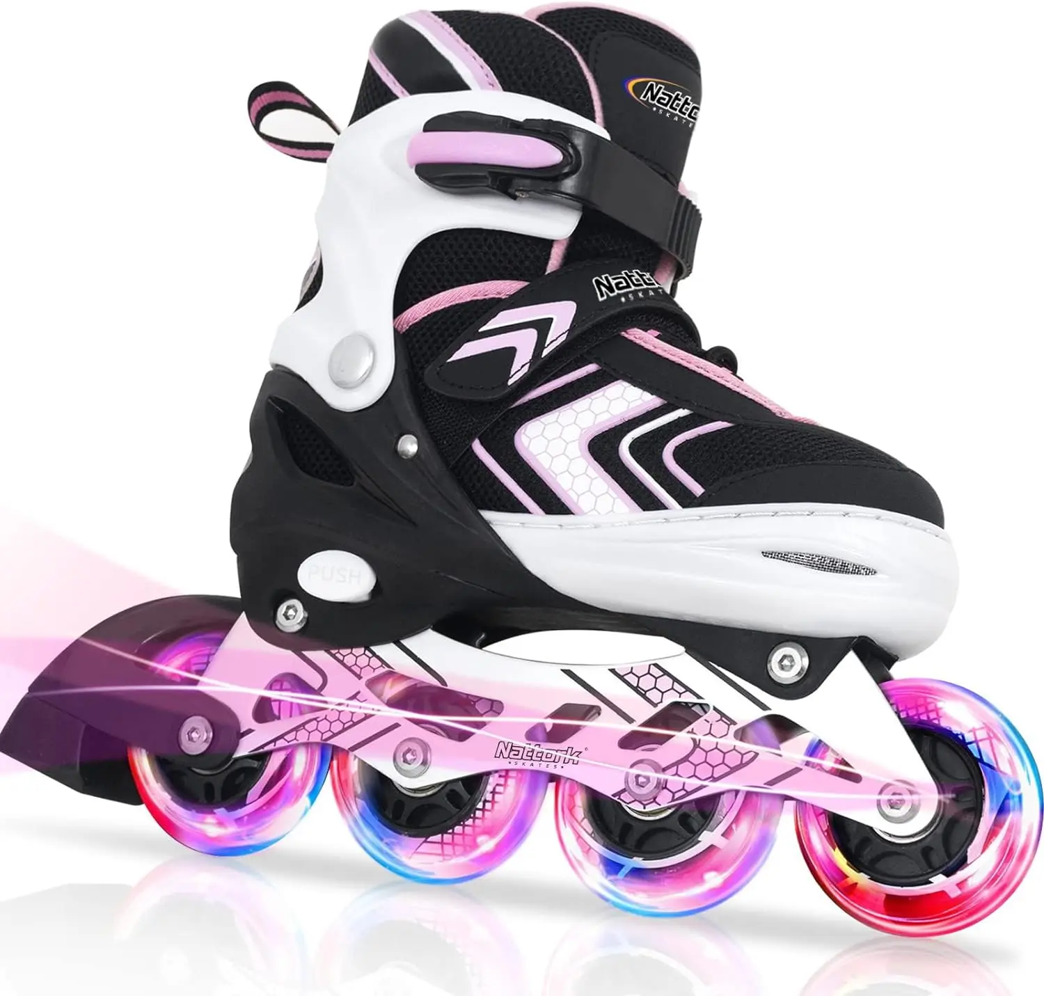 Nattork Kids' Adjustable Inline Skates with 8 Light-Up PU Wheels & ABEC-7 Bearings, Grows with Child, Ideal Birthday Gift for Roller Skating, With Wheels, Beginner-Friendly, Adjustable 4 Sizes, Rubber, Triple Protection, Grows With Kid, All Seasons, 8 Whe