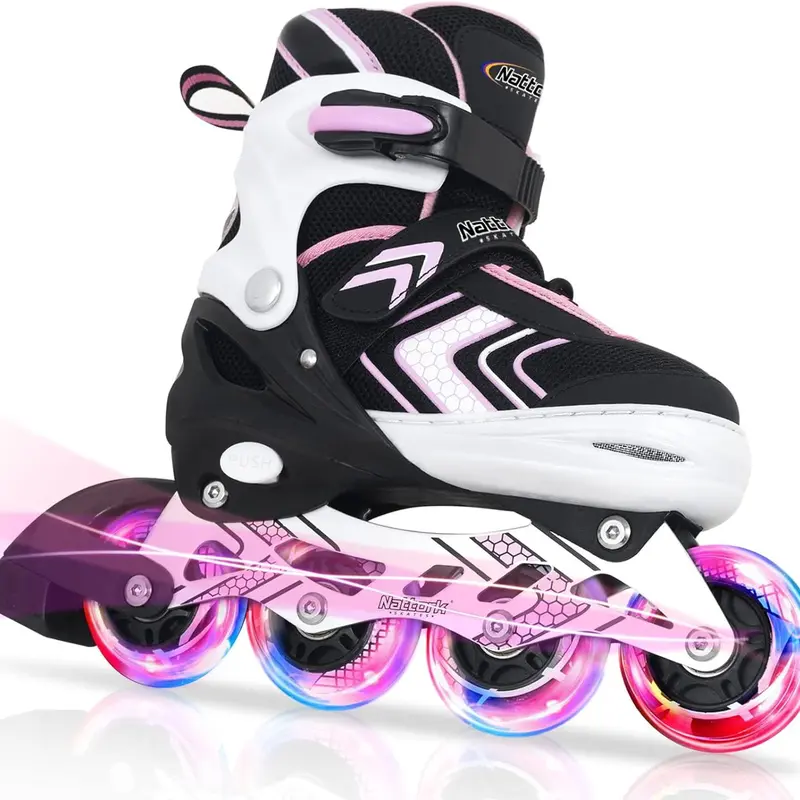 Nattork Kids' Adjustable Inline Roller Skates (Rollerblades) for Beginner Roller Skating, Pink, 8 Illuminating PU Wheels, ABEC-7 Bearings, Triple Protection, Toesafe Rubber Padding, Adjustable 4-Size Buckle Fit, Advanced Configuration, Ideal Birthday Gift