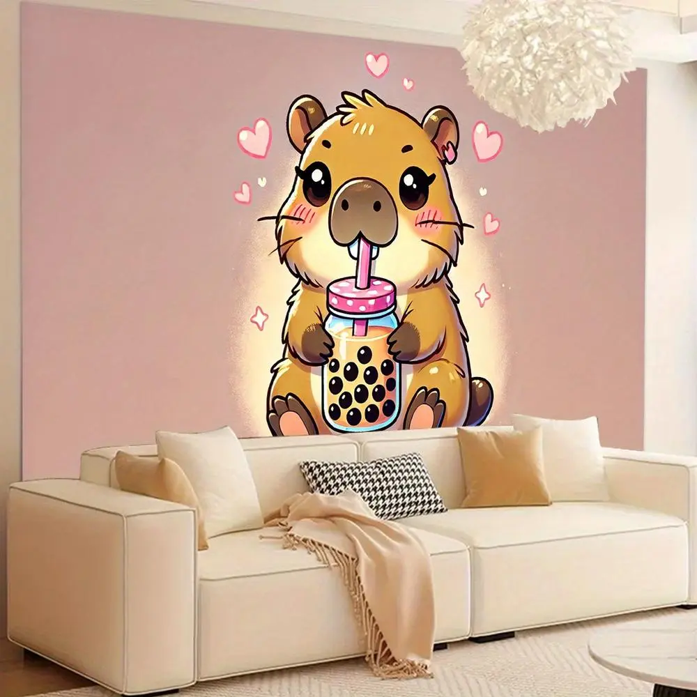 1pc Durable Polyester 2D Flat Capybara Drinking Milk Tea Backdrop - Cute Theme Party Fabric Decoration, White Birthday Banner for Party Props & Photoshoots
